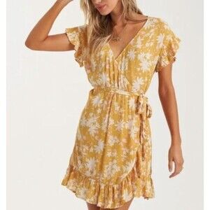 Billabong Yellow Pink Floral Mini Wrap Summer Dress, Womens Size M